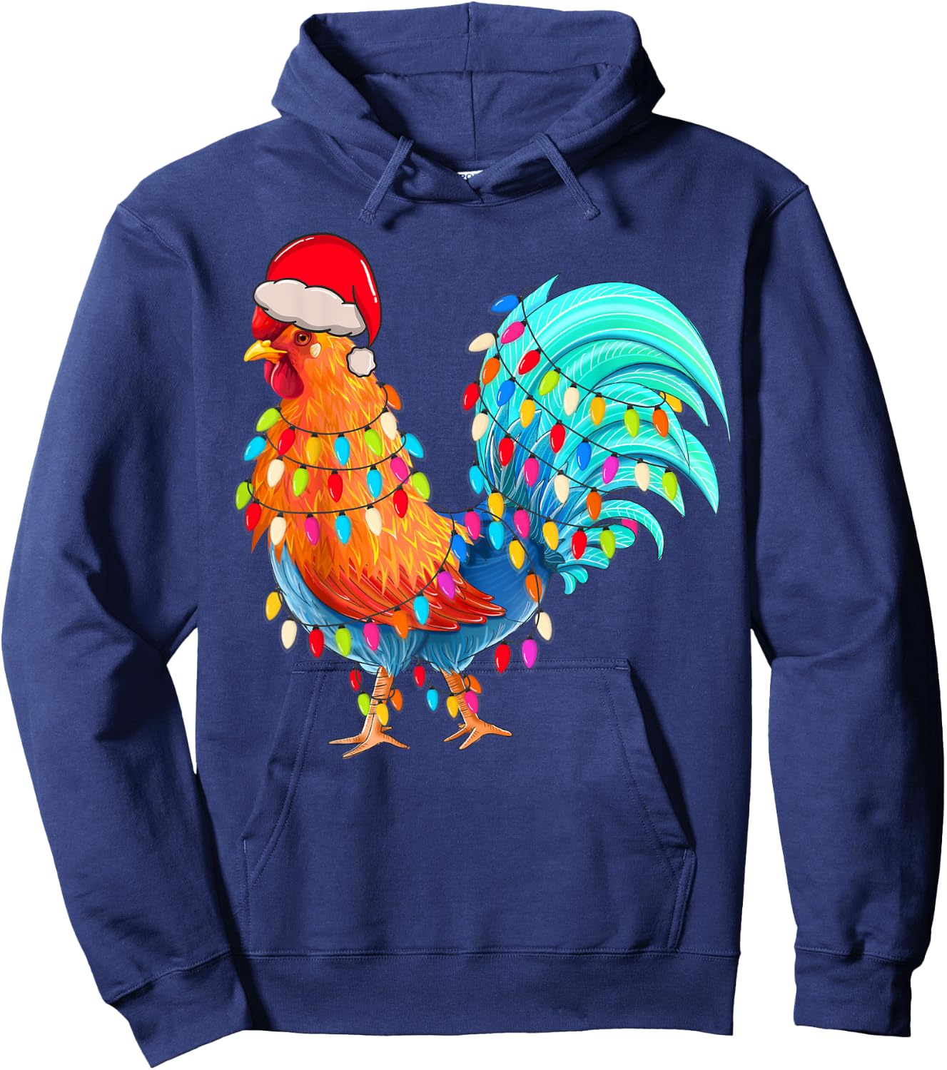 Christmas Lights Chicken Wearing Xmas Hat Chicken Hen Lover Hoodie - Hoodie | Navy