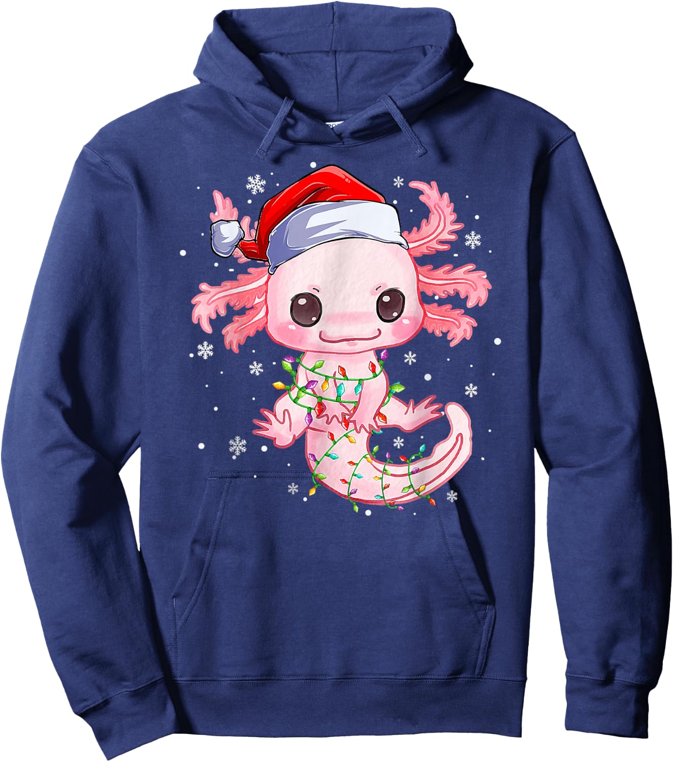 Christmas Axolotl Santa Hat Lights Japanese Cute Anime Xmas Hoodie - Hoodie | Navy