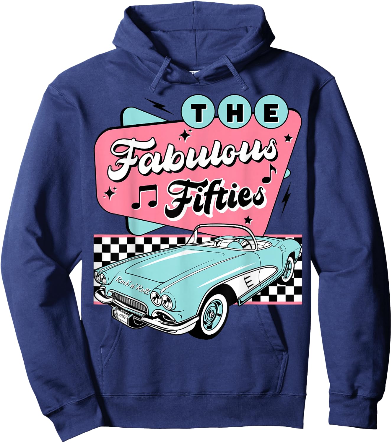 The Fifties 1950s Car Music Checkerboard Rockabilly Sock Hop Hoodie - Hoodie | Navy