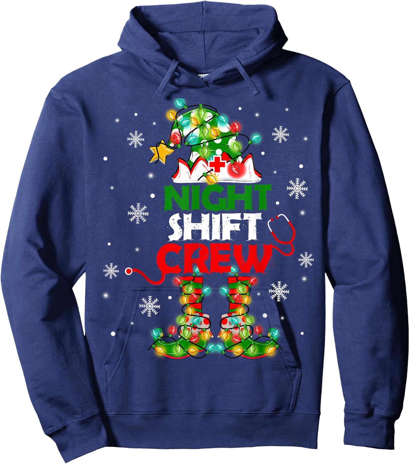 Funny Nurse Elf Christmas Lights Cute Xmas Night Shift Crew Hoodie - Hoodie | Navy