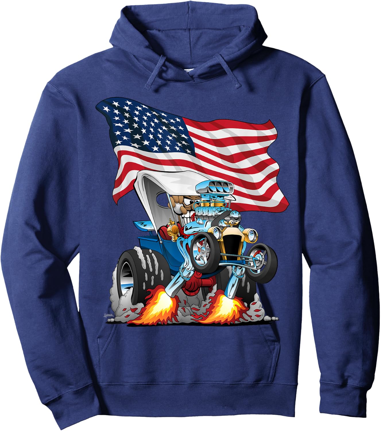 T-bucket Style Car Hotrod USA Flag Patriotic Cartoon Design Hoodie - Hoodie | Navy