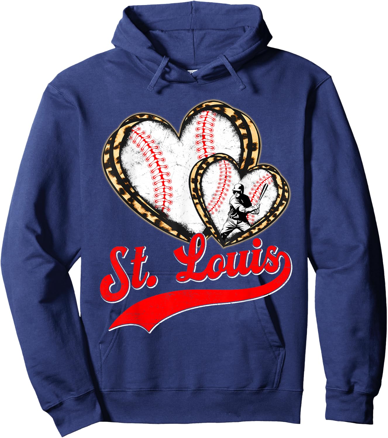 Vintage St. Louis Baseball Leopard Heart Baseball Fans Hoodie - Hoodie | Navy