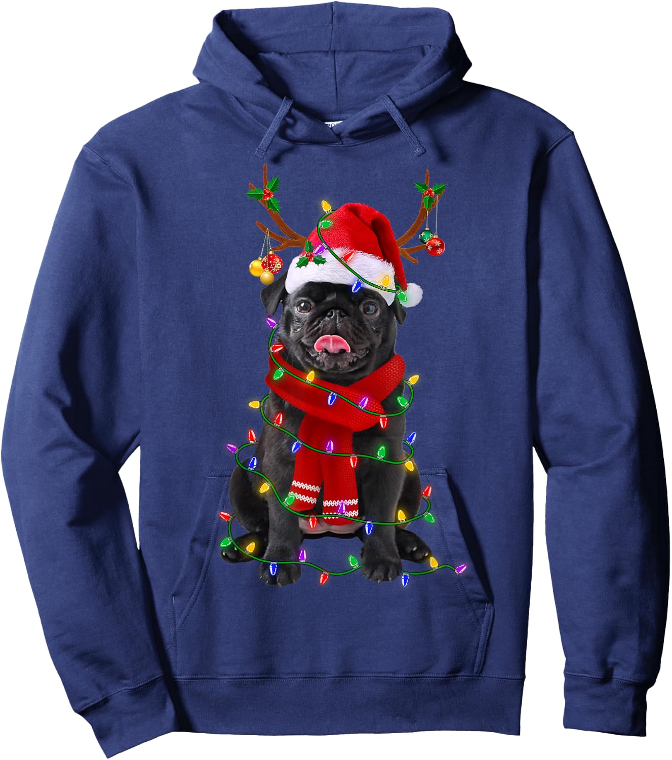 Black Pug Dog Tree Christmas Lights Xmas Pajama Men Women Kids Hoodie - Hoodie | Navy