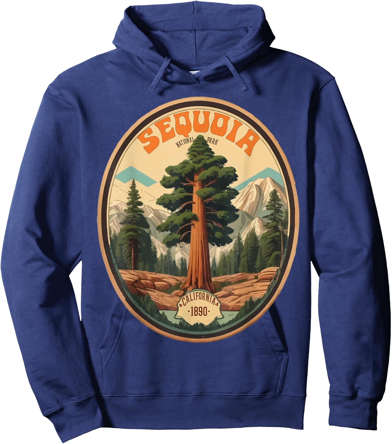 Sequoia National Park Tree Illustration Hiking Retro Badge Hoodie - Hoodie | Navy