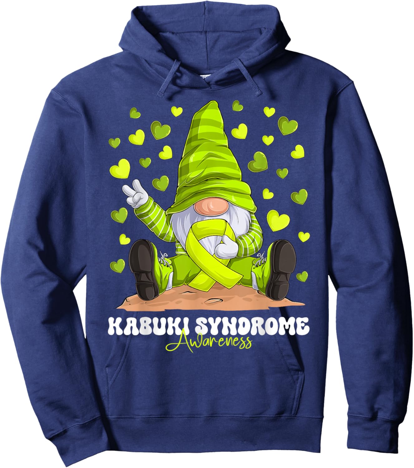 Kabuki Syndrome Awareness Month Lime Green Ribbon Gnome Hoodie - Hoodie | Navy