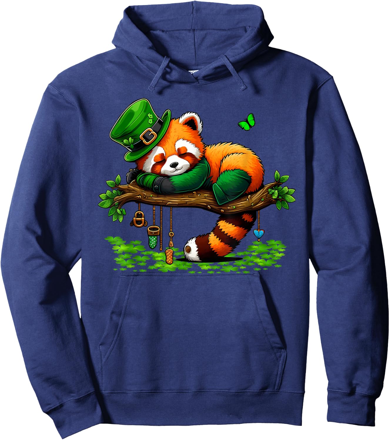 St Patricks Day Lazy Red Panda Shamrock Leprechaun Hat Panda Hoodie - Hoodie | Navy