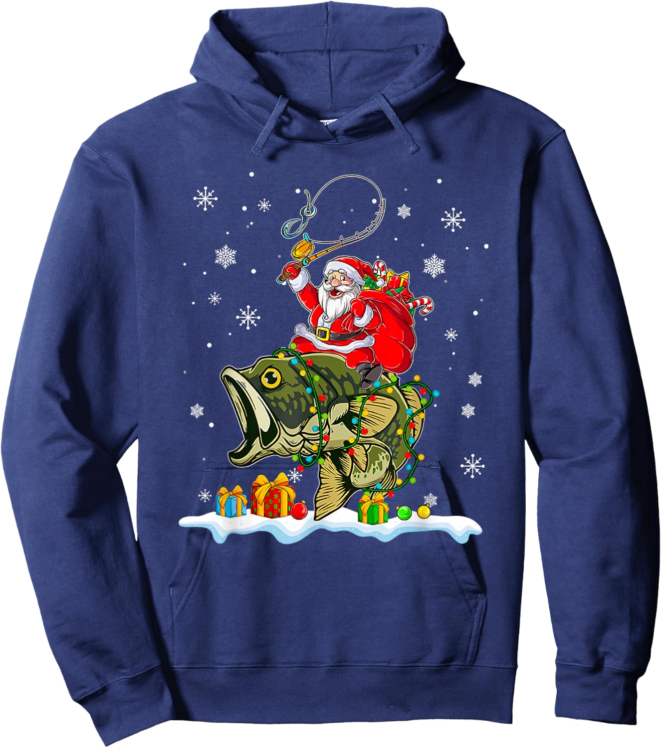 Christmas Bass Fishing Funny Santa Riding Fish Fishermen PJ Hoodie - Hoodie | Navy