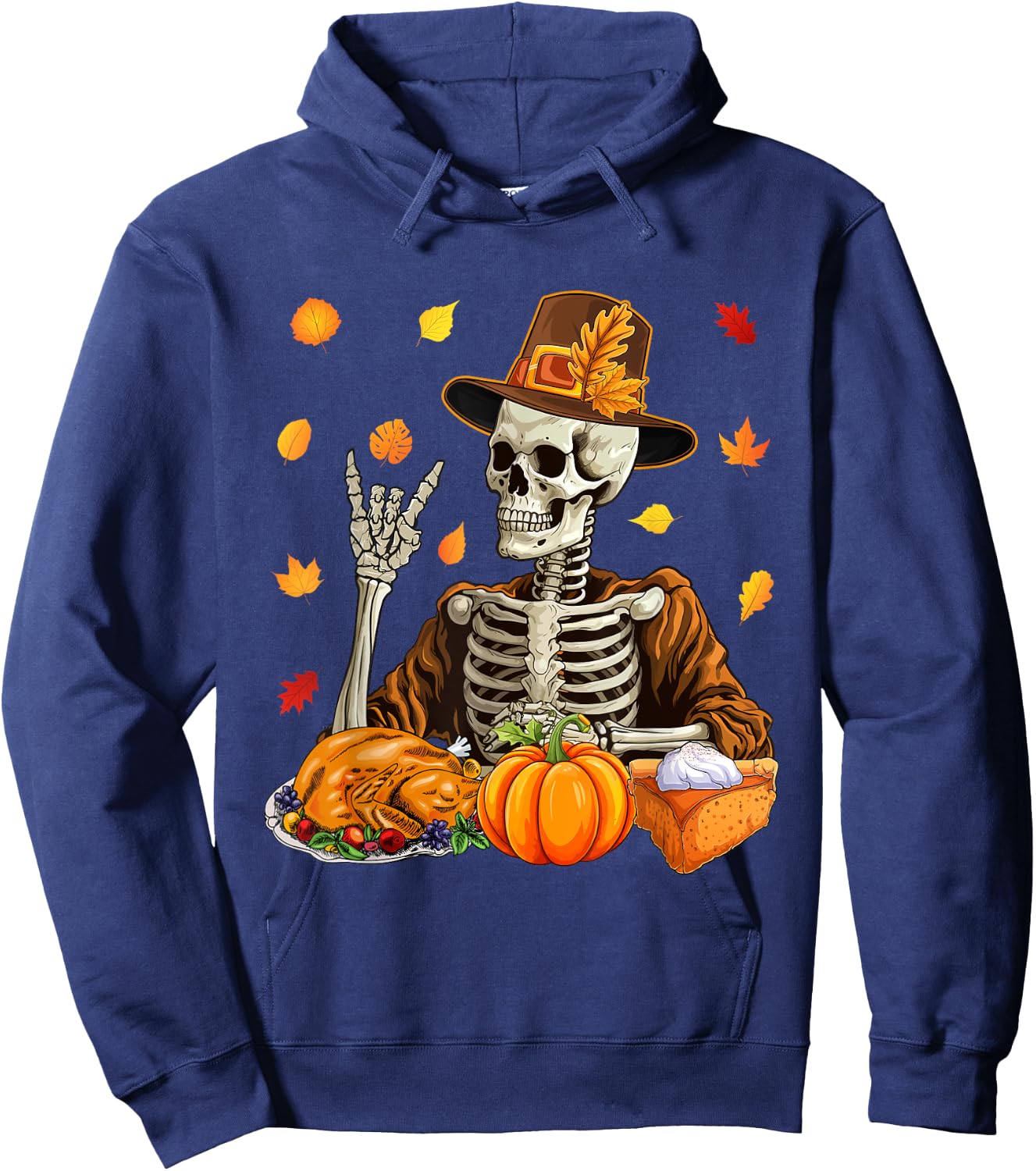 Thanksgiving X-ray Skeleton Funny Rock Hand Fall Leaves Hoodie - Hoodie | Navy