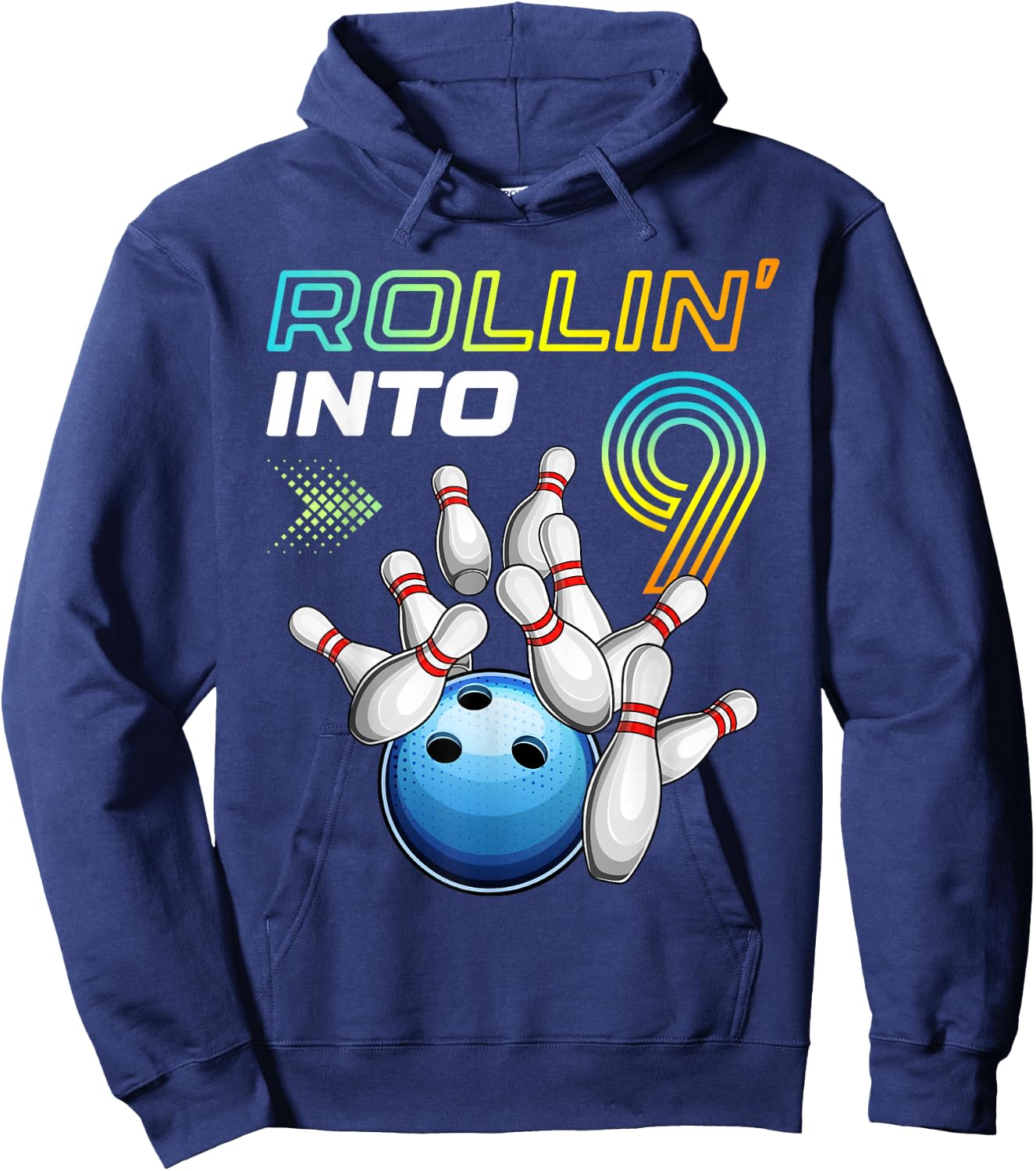 Rollin Into 9 Retro Bowling Birthday Party 9th Birthday Hoodie - Hoodie | Navy