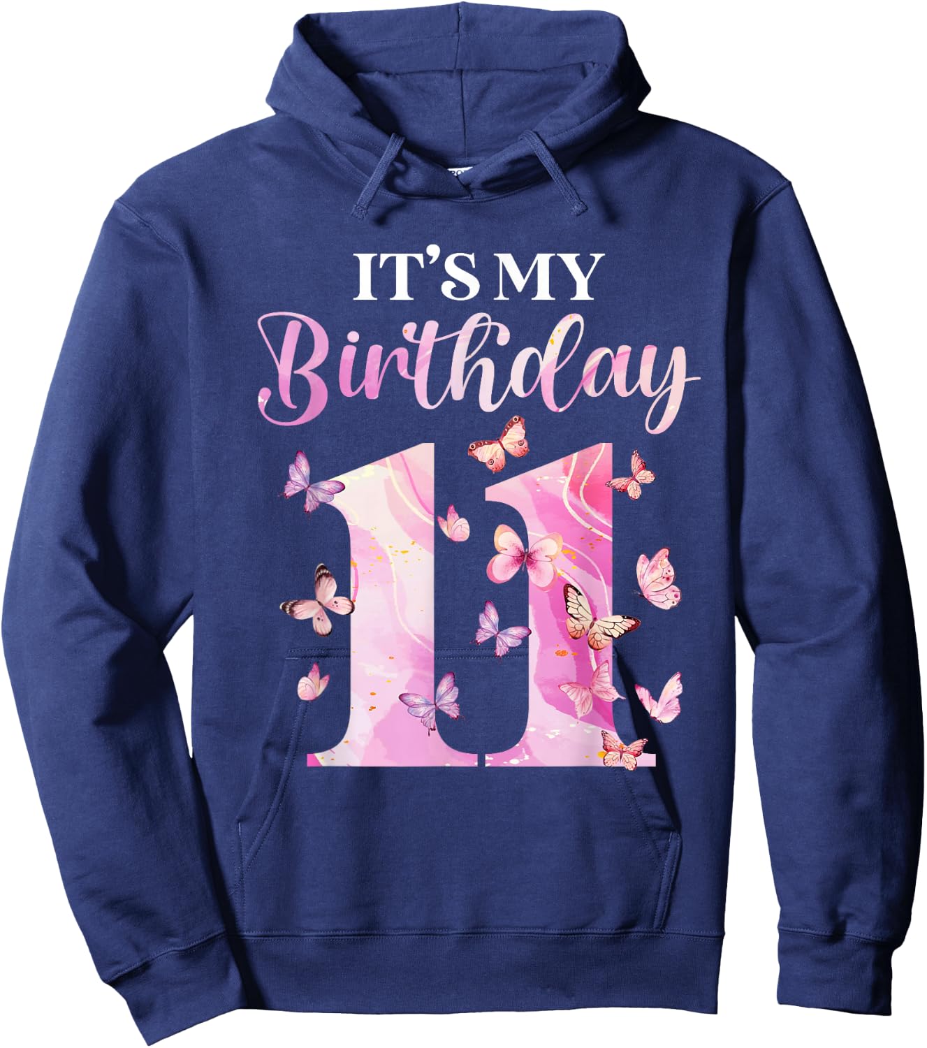 Butterfly 11th Birthday Outfit 11 Years Old Girl Kids Cute Hoodie - Hoodie | Navy