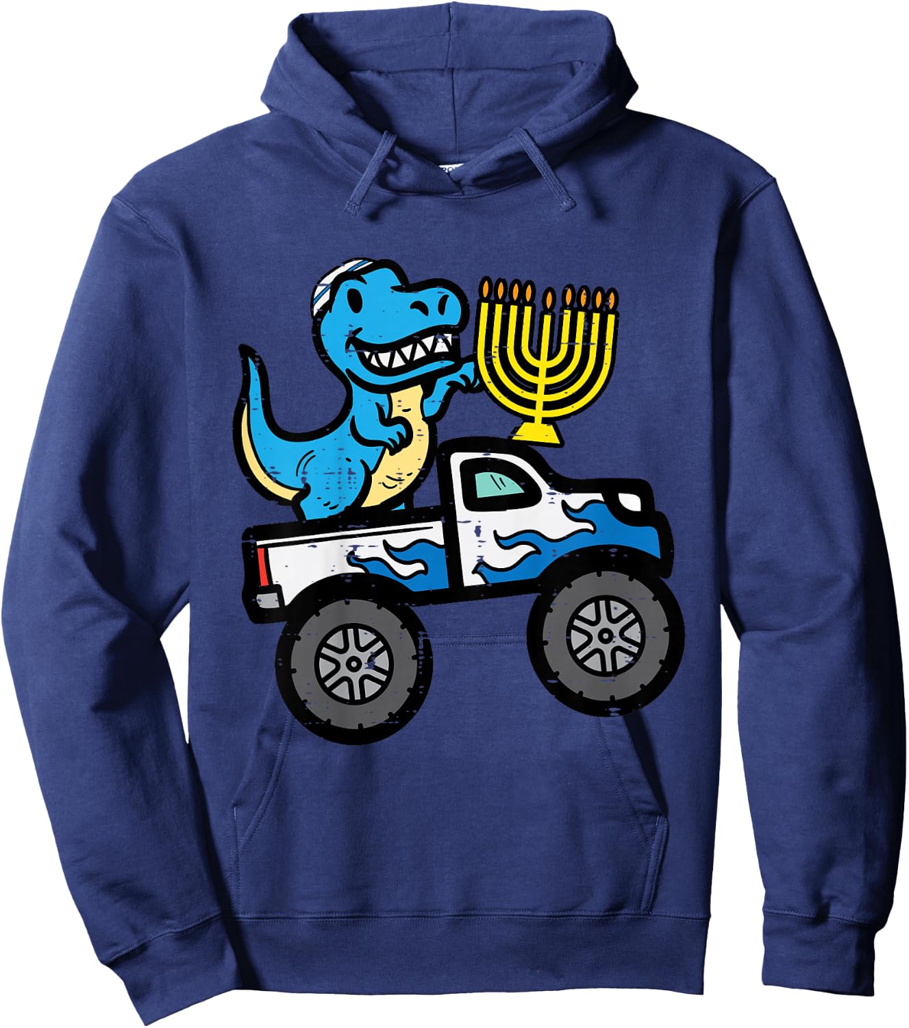 Kids Hannukah Dino On Monster Truck Chanukah Boys Toddler Youth Hoodie - Hoodie | Navy