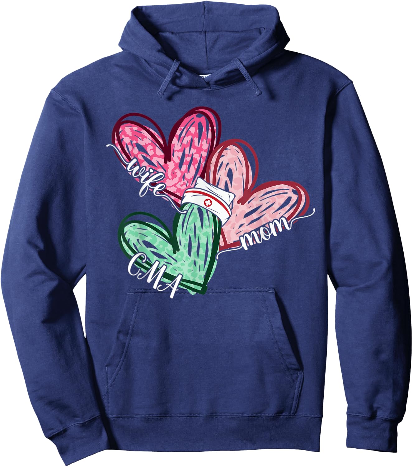 Wife Mom CMA Nurse Nursing Leopard Hearts Funny Mothers Day Hoodie - Hoodie | Navy