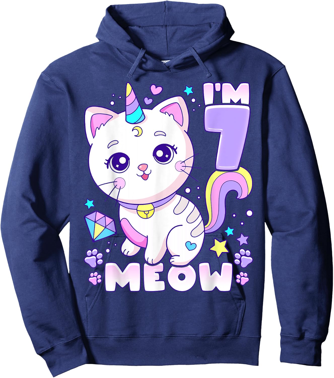 Birthday girl 7 years old, cat, unicorn, 7th birthday Hoodie - Hoodie | Navy
