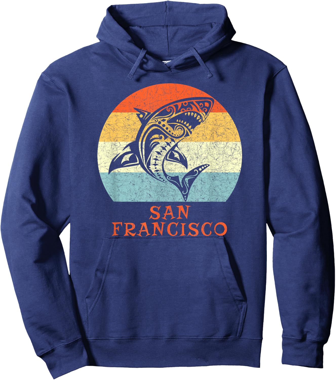 San Francisco, California Vintage Retro Tribal Shark Hoodie - Hoodie | Navy