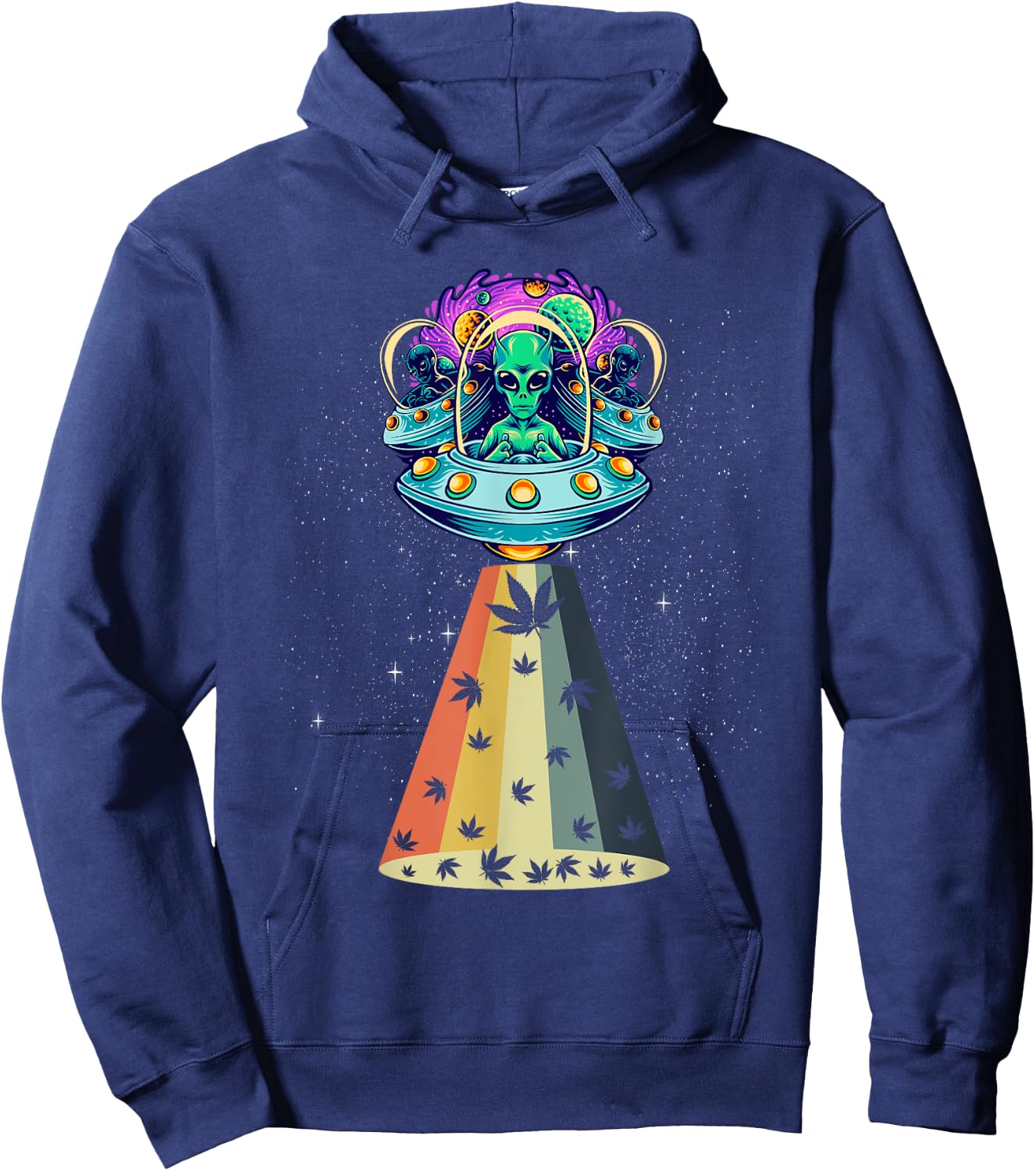 Vintage Alien Weed Pot Leaf UFO Abduction Marijuana Hoodie - Hoodie | Navy