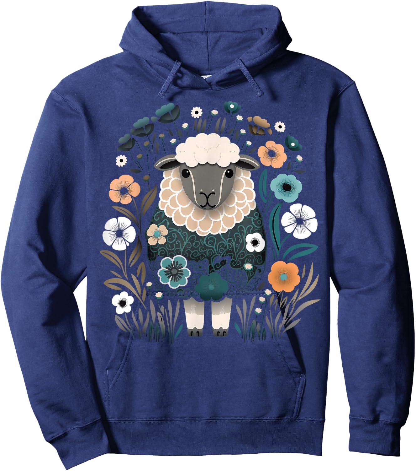 Cute Sheep Floral Colorful Flowers in the Garden Black Hoodie - Hoodie | Navy