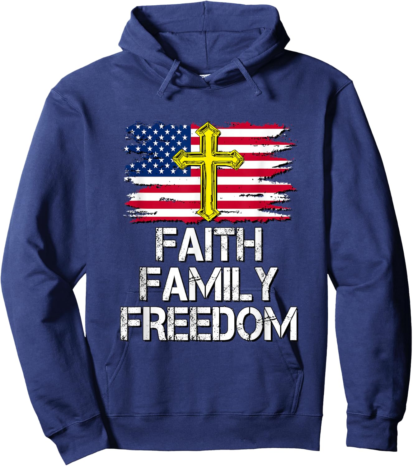 Faith Family Freedom - American Flag and Cross - Distressed Hoodie - Hoodie | Navy