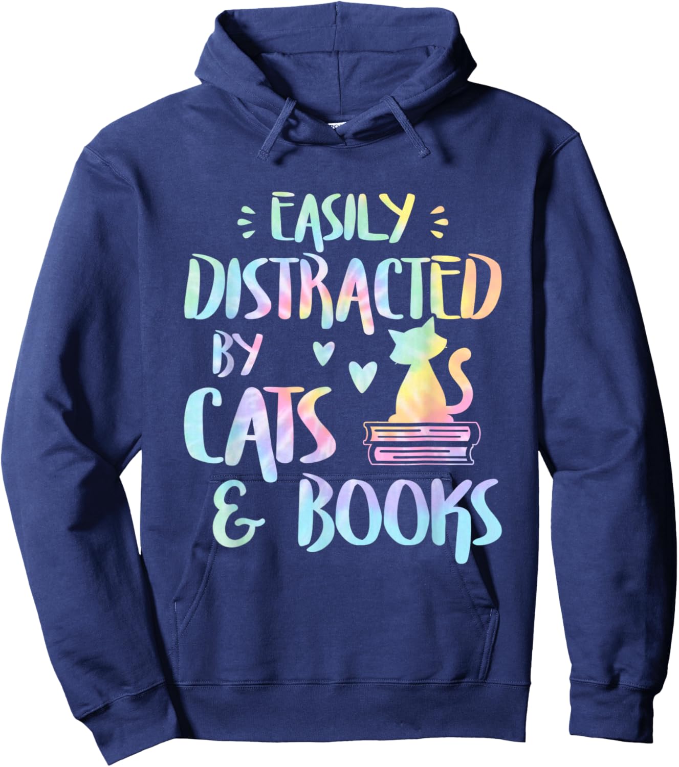 Easily Distracted by Cats and Books - Cat & Book Lov Tie Dye Hoodie - Hoodie | Navy