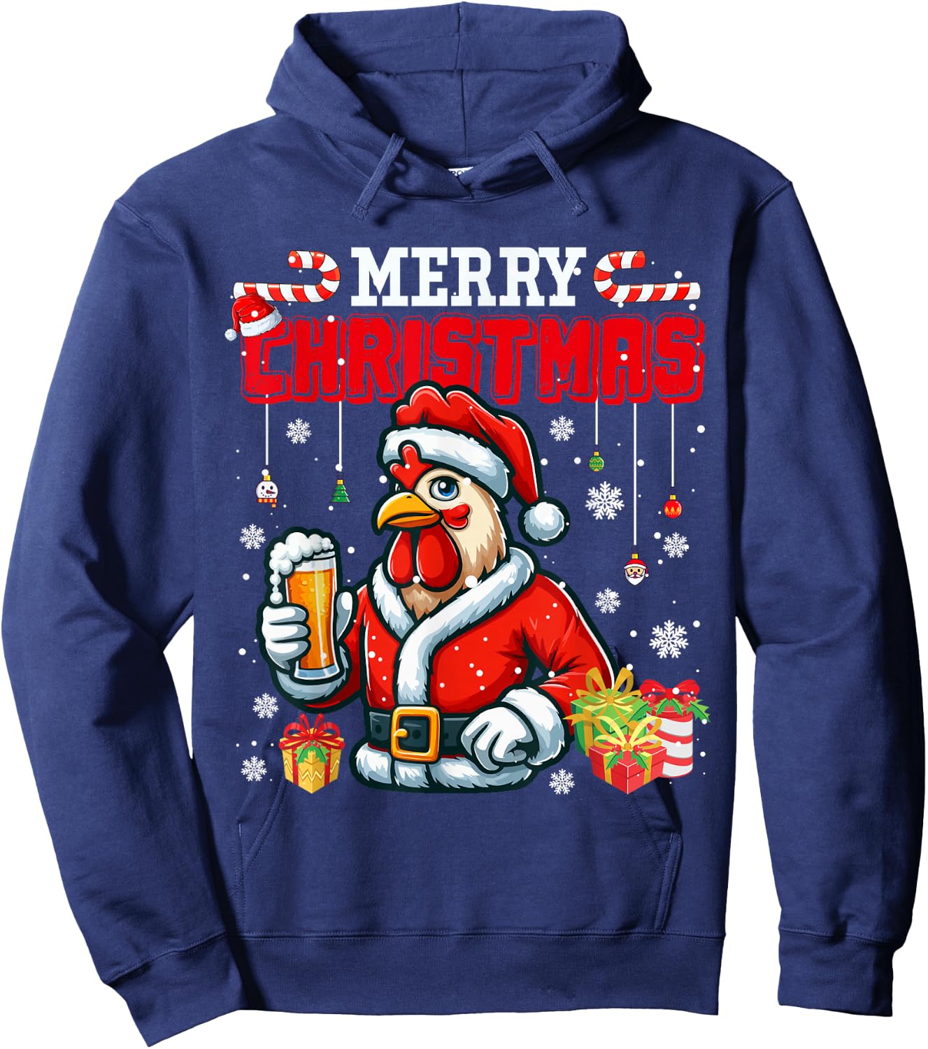Merry Christmas Santa Rooster Chicken Drinking Beer Farmer Hoodie - Hoodie | Navy