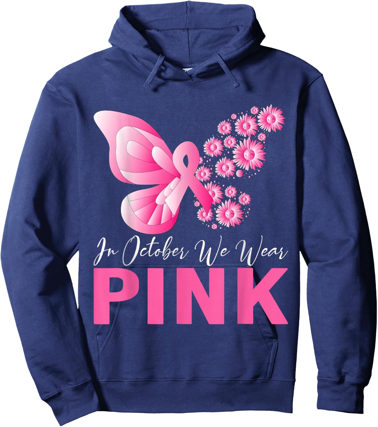 In October We Wear Pink Butterfly Breast Cancer Awareness Hoodie - Hoodie | Navy