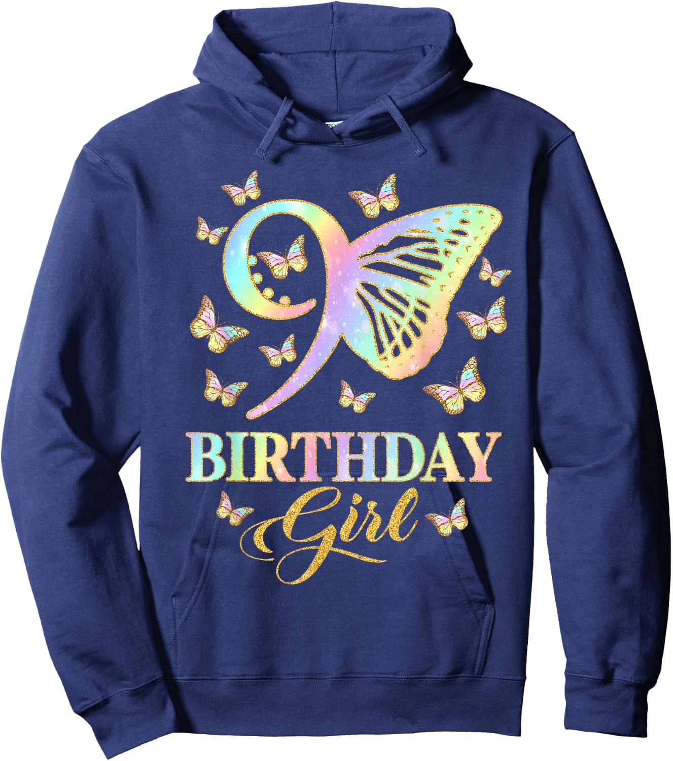 Butterfly 9th Birthday Outfit 9 Year Old Girl Kids Cute Hoodie - Hoodie | Navy