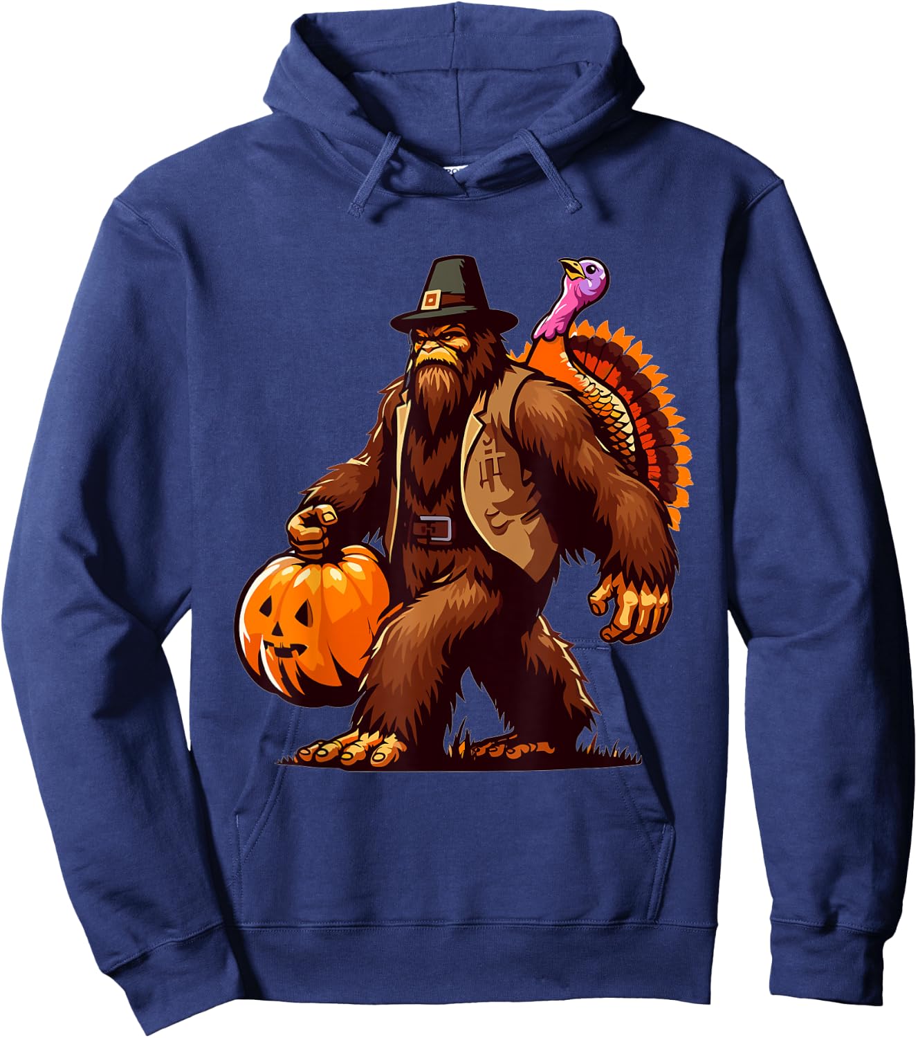 Bigfoot Pilgrim Turkey Pumpkin Thanksgiving Day Hoodie - Hoodie | Navy