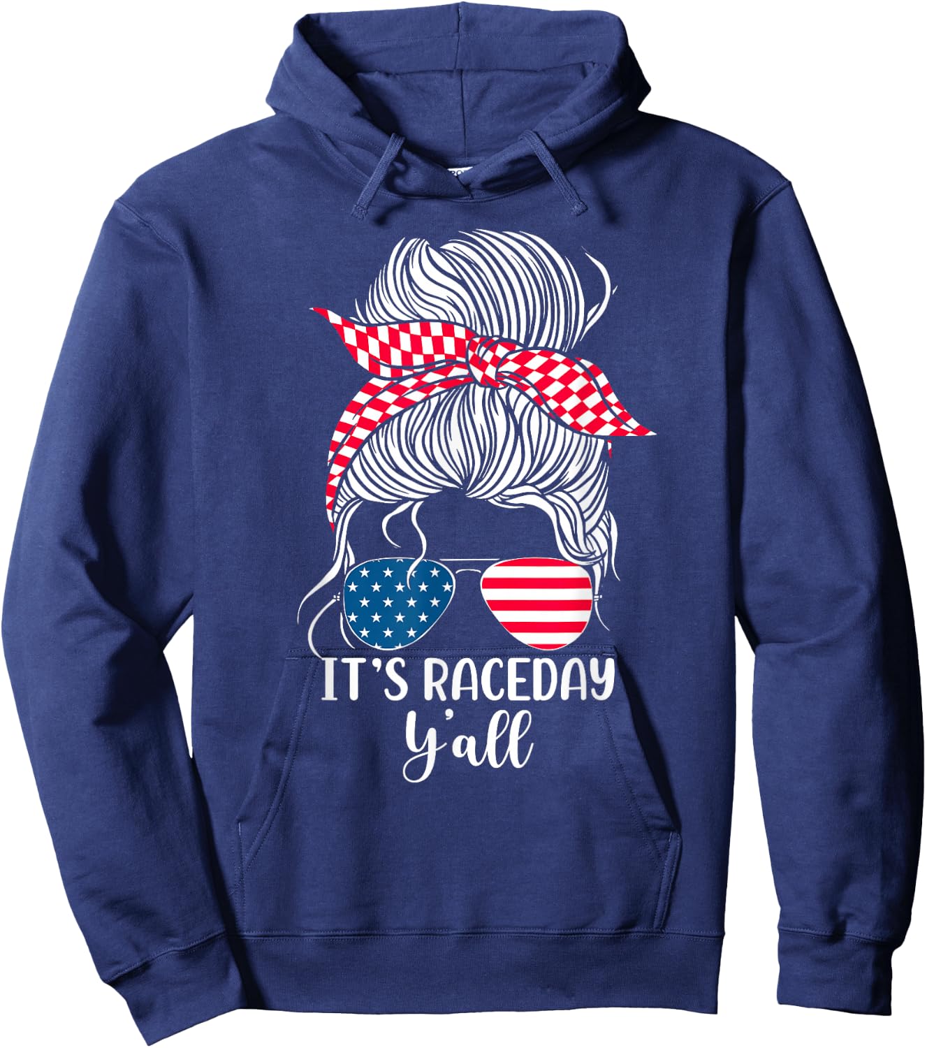 Dirt Track Racing Race Girl USA American Flag Glasses Bun Hoodie - Hoodie | Navy