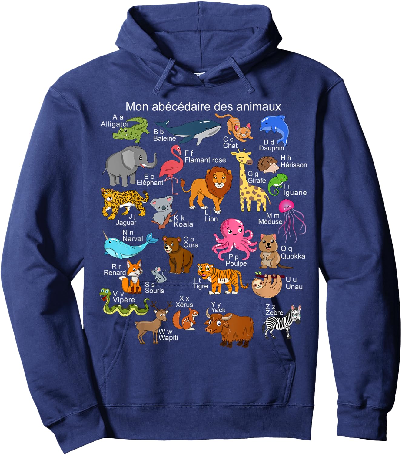 French Animals Alphabet A-Z ABC of the Wildlife Hoodie - Hoodie | Navy