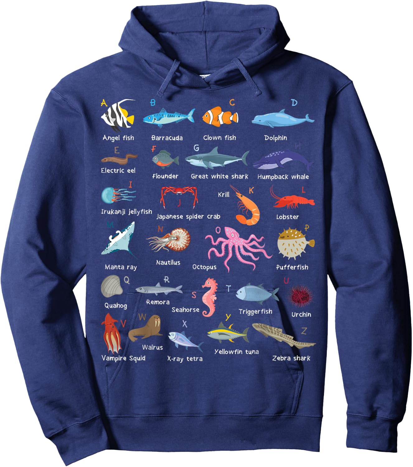 A-Z Ocean Life Exploration - Sea Creatures Alphabet Hoodie - Hoodie | Navy