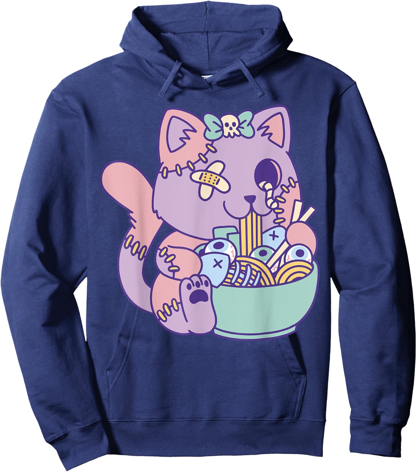 Cute Pastel Kawaii Zombie Cat Eating Ramen Halloween 2023 Hoodie - Hoodie | Navy