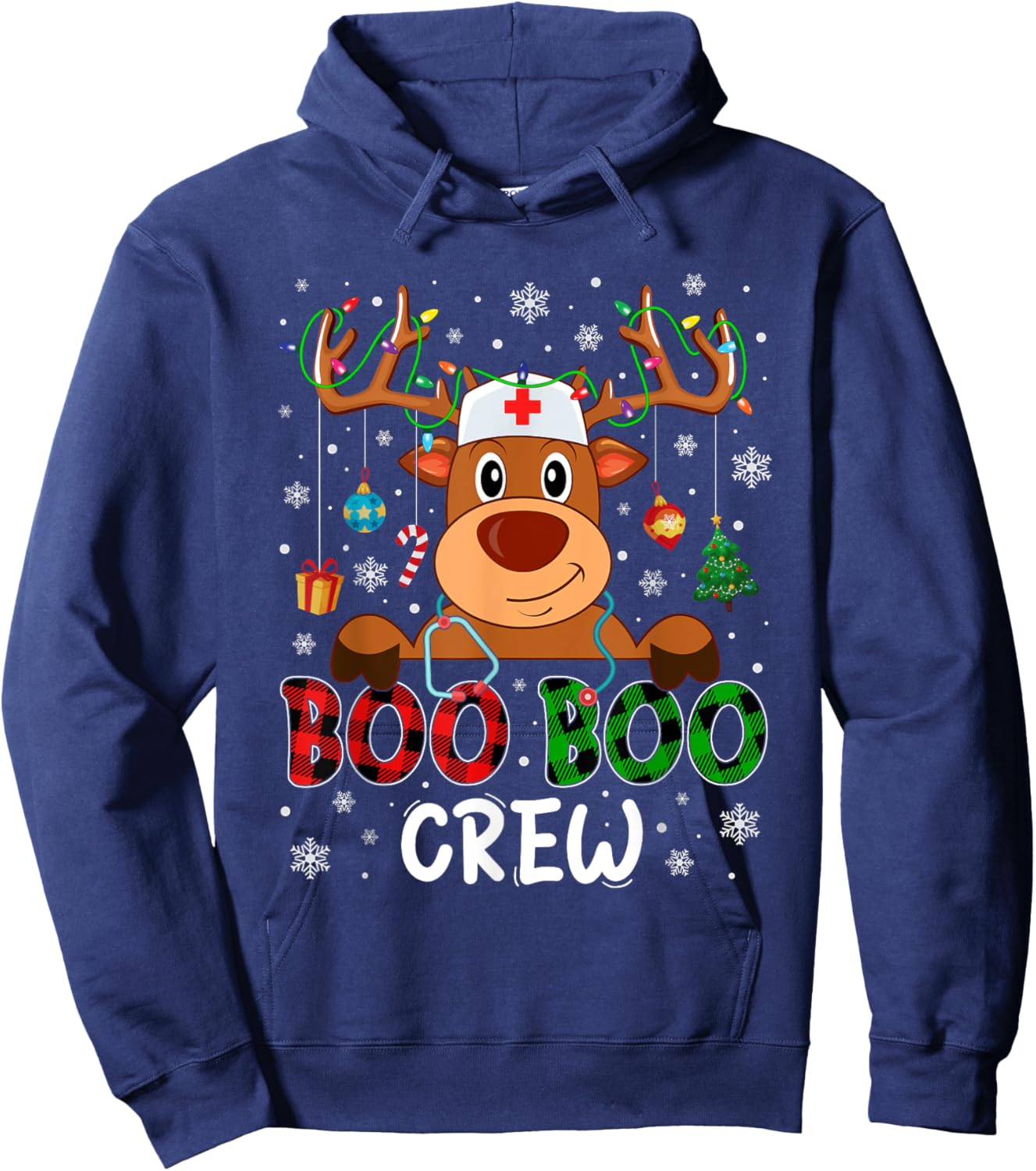 Reindeer Boo Boo Crew Nurse Buffalo Plaid Christmas Nurse Hoodie - Hoodie | Navy