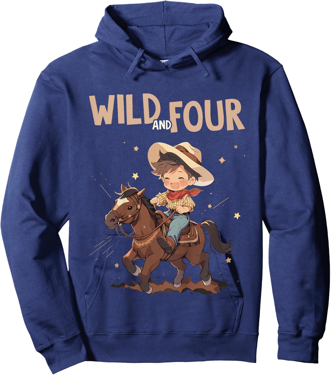 Kids 4th Birthday Cute Little Cowboy Western - Wild and Four Hoodie - Hoodie | Navy