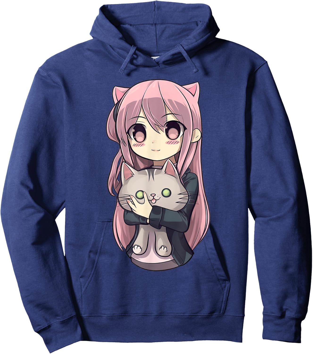 Anime and Cats Kawaii Cute Teen Otaku Girl with Cat Hoodie - Hoodie | Navy
