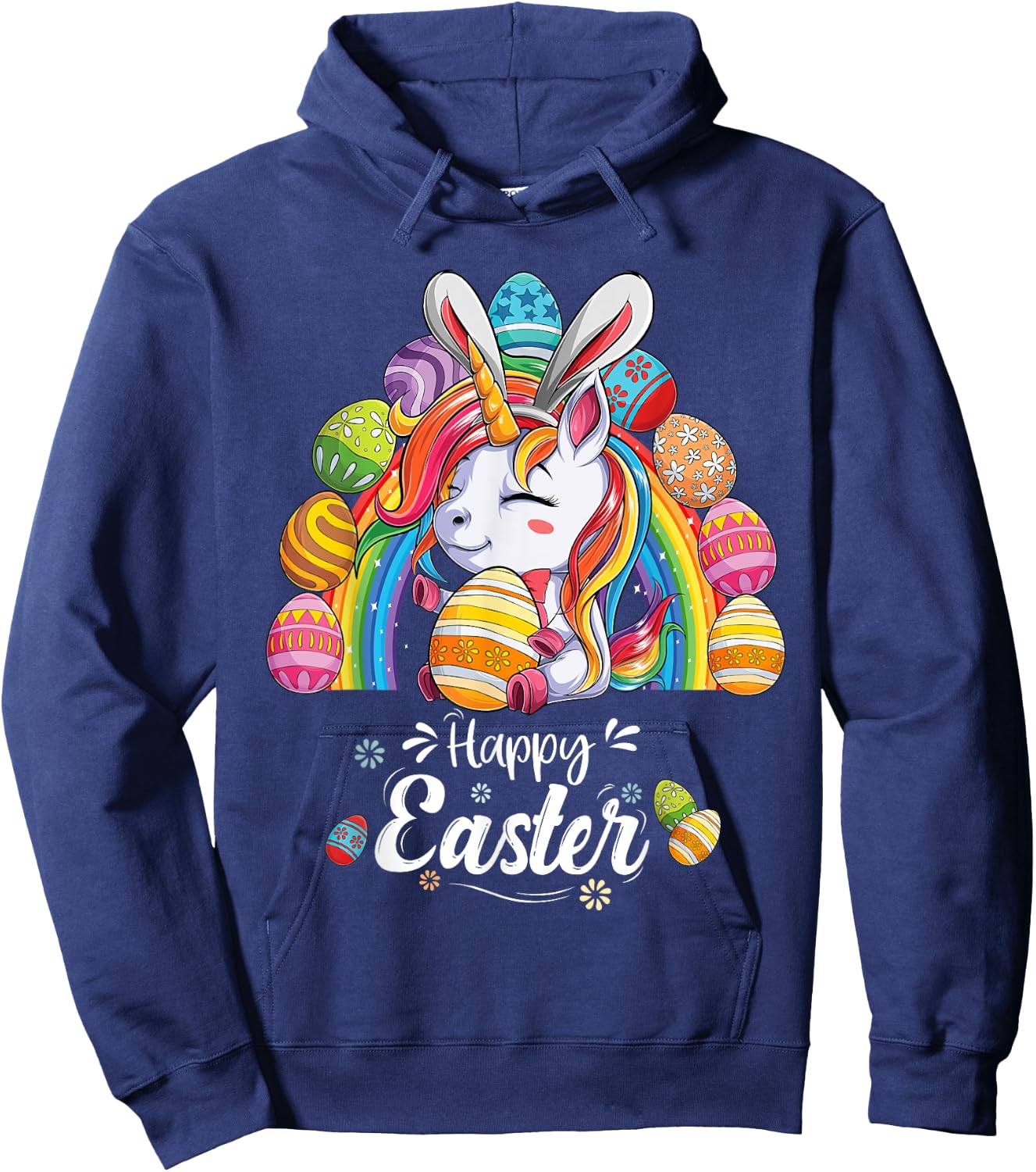 Unicorn Happy Easter Day bunny Rainbow egg Girls Kids Hoodie - Hoodie | Navy