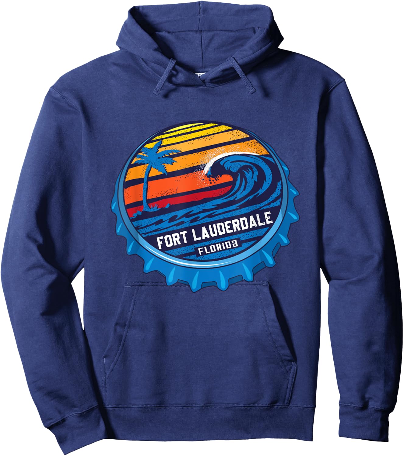 Palm Tree Ocean Wave On Bottle Cap Fort Lauderdale Florida Hoodie - Hoodie | Navy