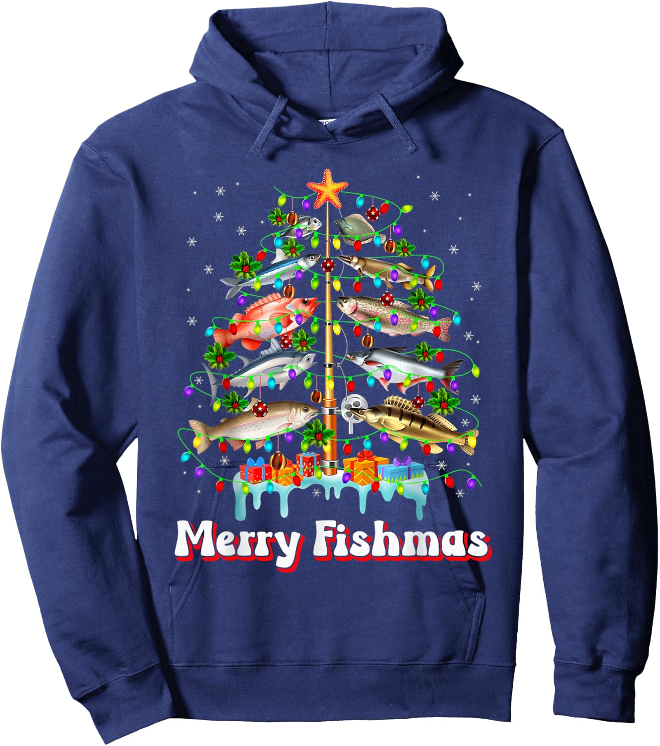 Merry Fishmas Christmas Tree Funny Fish Fishing Fisherman Hoodie - Hoodie | Navy