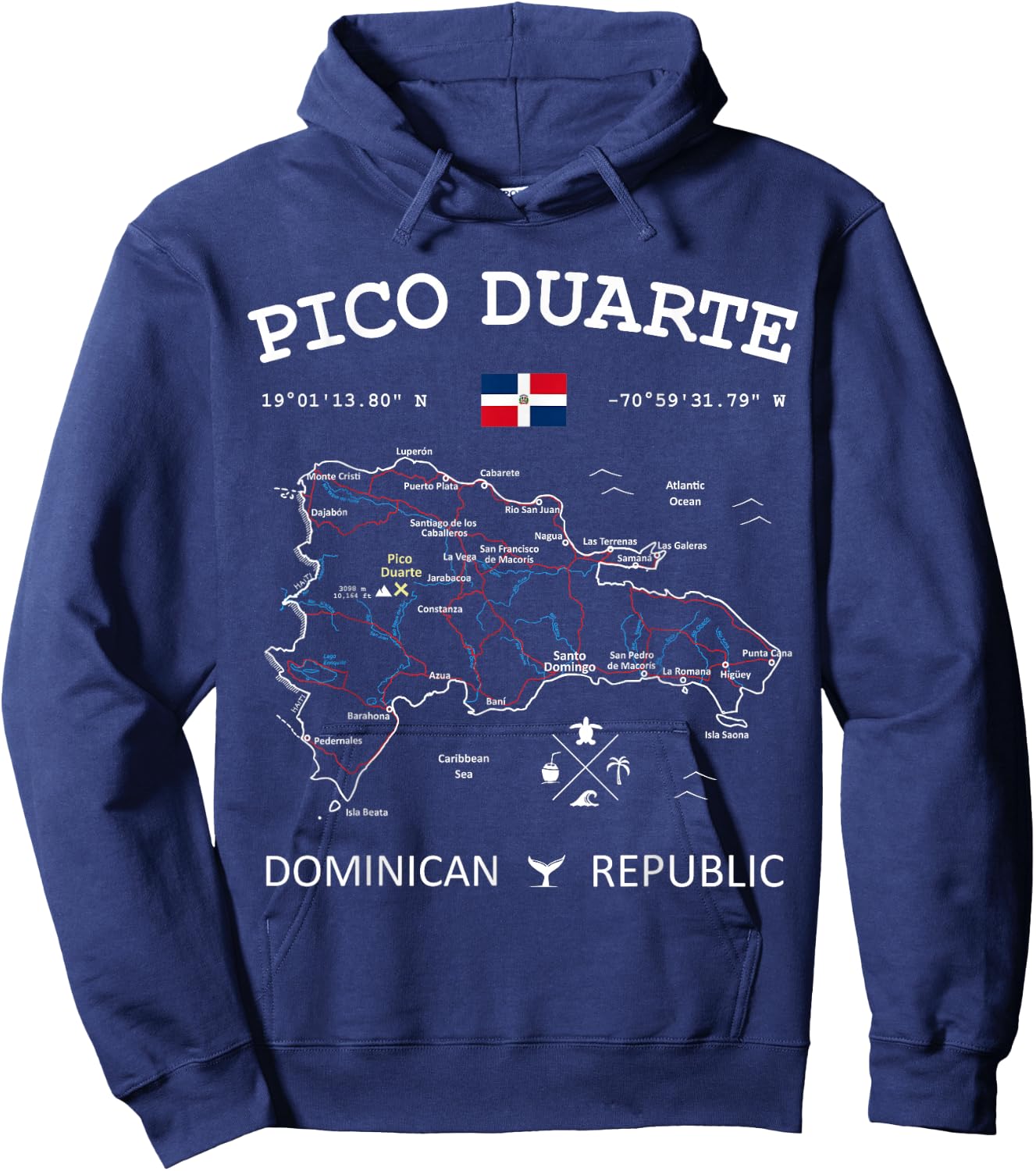 PICO DUARTE Dominican Republic Flag Map GPS Coordinates Hoodie - Hoodie | Navy