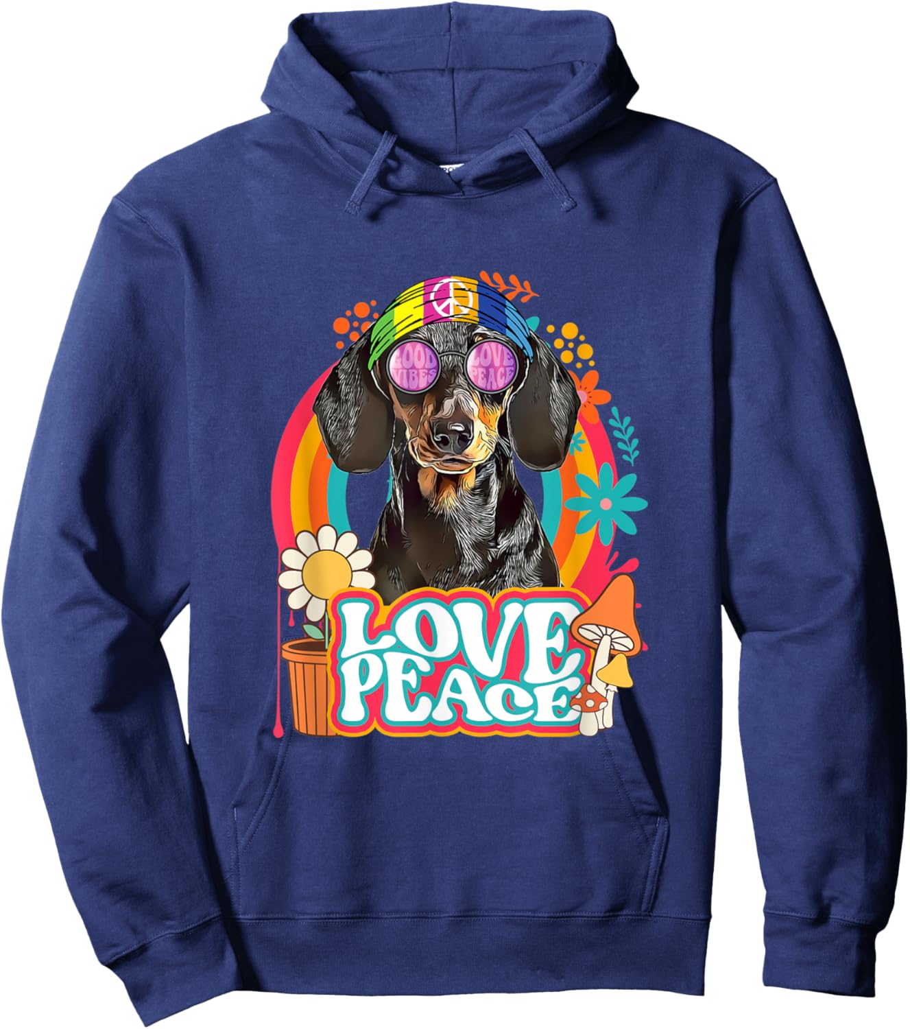 Hippie Dachshund Dog Retro 60s 70s Peace Sign Love Hoodie - Hoodie | Navy