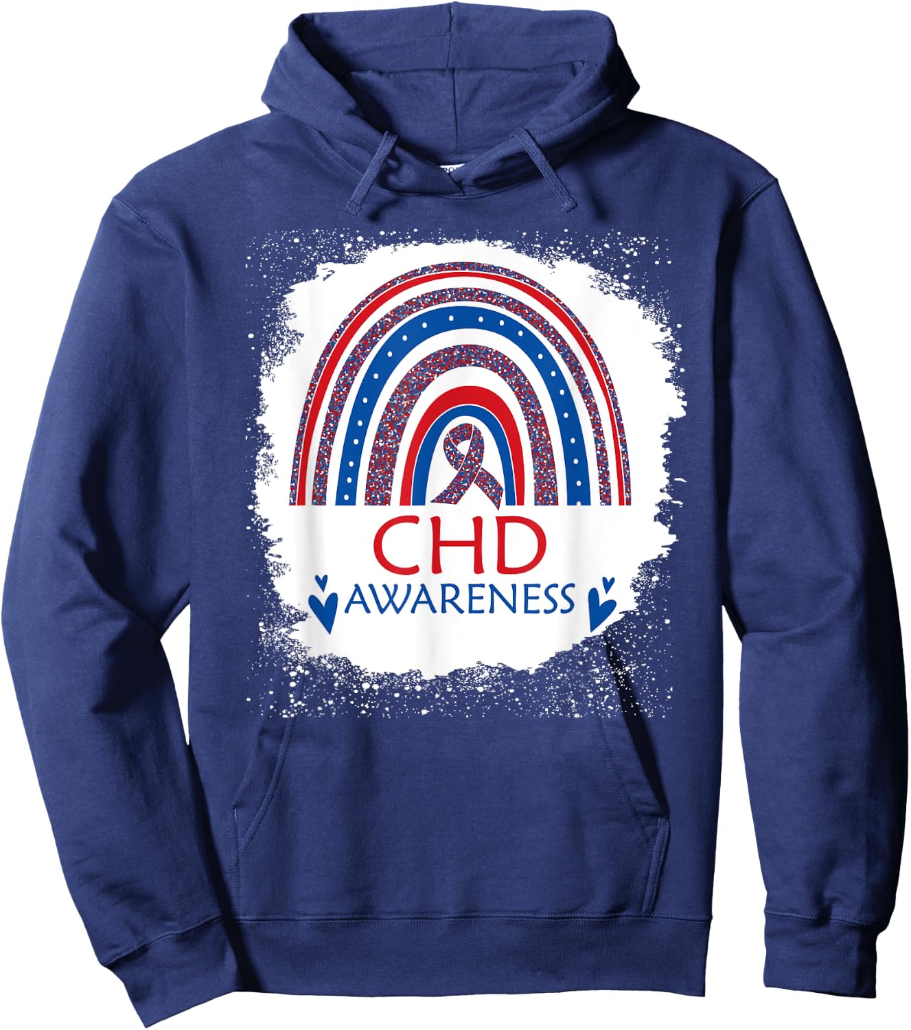 CHD Awareness Heart Disease Bleached Rainbow Blue Red Ribbon Hoodie - Hoodie | Navy