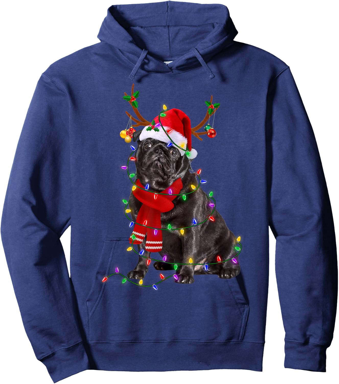 Funny Black Pug Dog Tree Christmas Lights Xmas Pajama Men Women Kids Hoodie - Hoodie | Navy
