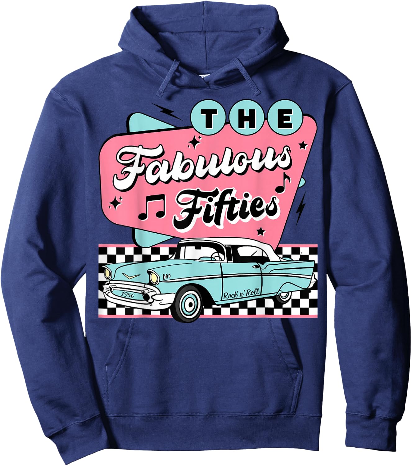 The Fifties 1950s Car Music Checkerboard Rockabilly Sock Hop Hoodie - Hoodie | Navy
