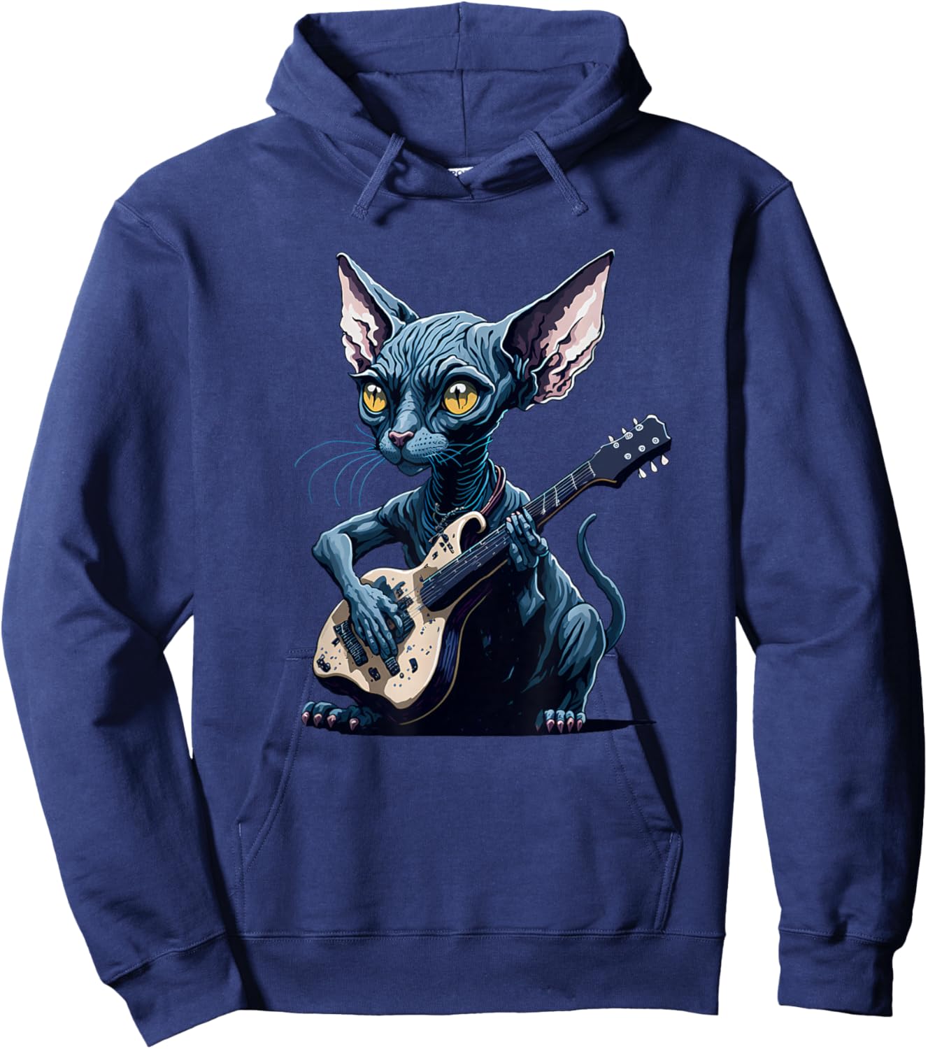 Hairless Sphynx Cat playing guitar Women Girls Kids Hoodie - Hoodie | Navy