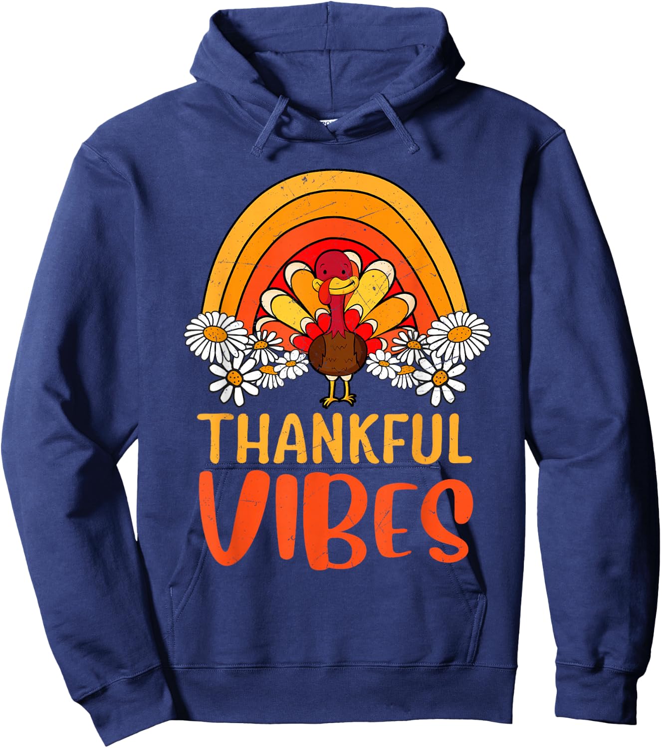 Thankful Vibes Turkey Retro Groovy Thanksgiving Rainbow Hoodie - Hoodie | Navy