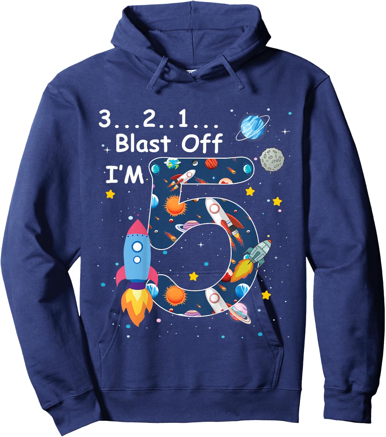 Kids Outer Space Blast Off 5 Year Old 5th Birthday Boys Girls Hoodie - Hoodie | Navy