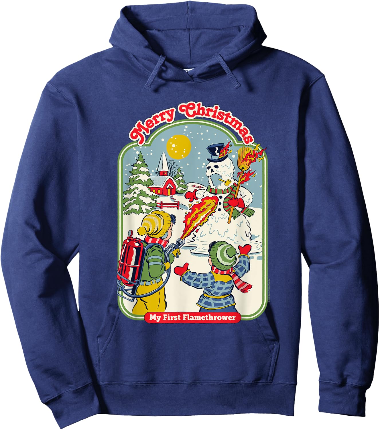 Steven Rhodes My First Flamethrower Snowman Retro Dark Humor Hoodie - Hoodie | Navy