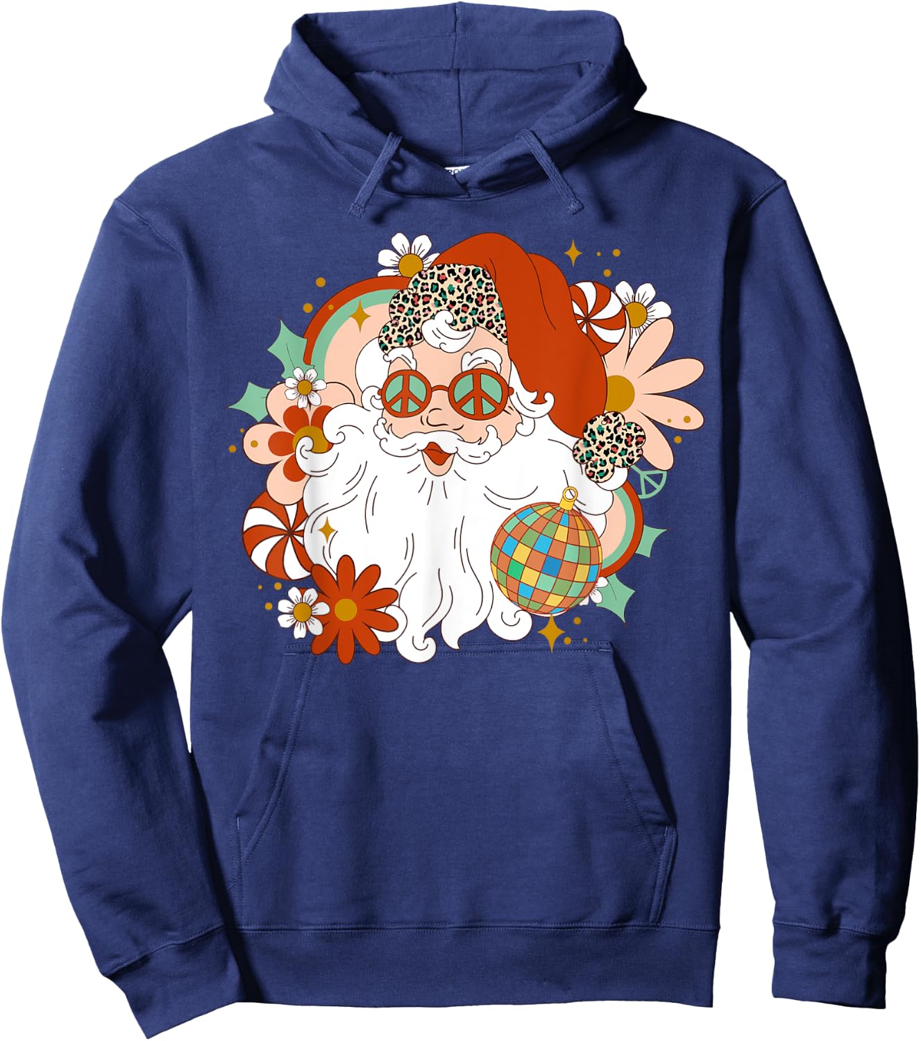 Hippie Santa Claus Floral Peace Sign Xmas Retro Christmas Hoodie - Hoodie | Navy