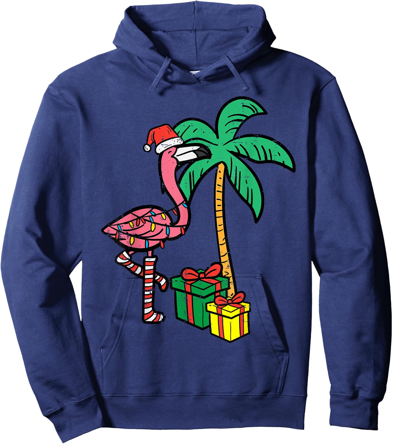 Christmas Flamingo Palm Tree Funny Xmas Beach Men Women Kids Hoodie - Hoodie | Navy