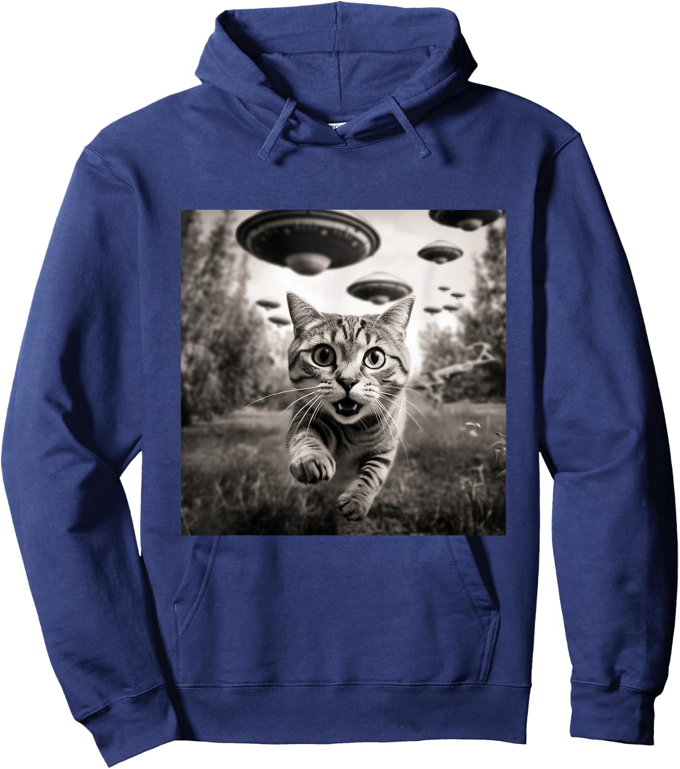 Funny Cat Running From Aliens Flying Saucer Spaceship Selfie Hoodie - Hoodie | Navy