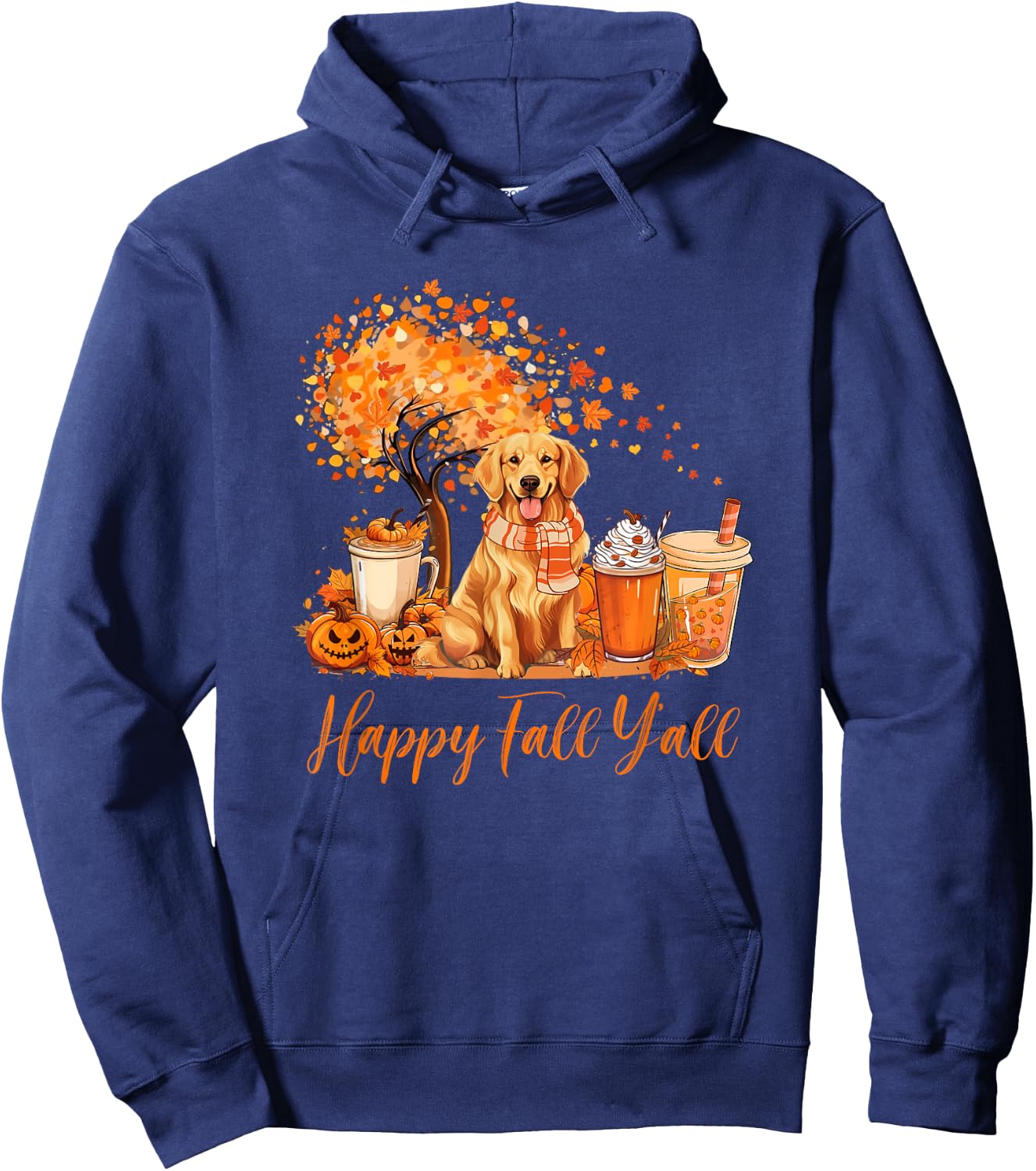 Happy Fall Y'all Golden Retriever Autumn Pumpkin Spice Latte Hoodie - Hoodie | Navy