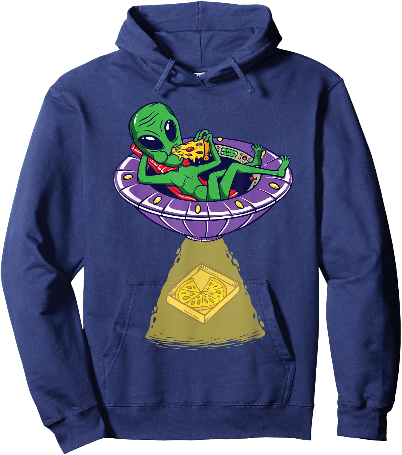 Relaxed Alien Enjoy Eating And Abducting Pizza In UFO Hoodie - Hoodie | Navy